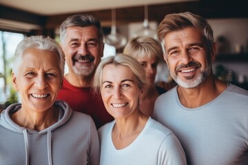 Fototapeta premium A group of elderly men and women enjoying sports and healthy activities at home with their families