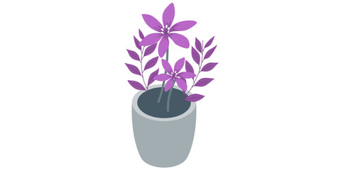 Potted Purple Flowers Plant Trendy Flat Style Vector Illustration.
