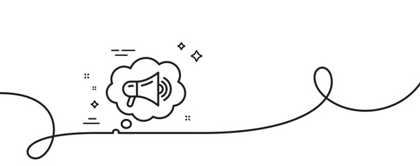 Megaphone line icon. Continuous one line with curl. Advertisement device symbol. Brand ambassador speech bubble sign. Megaphone single outline ribbon. Loop curve pattern. Vector