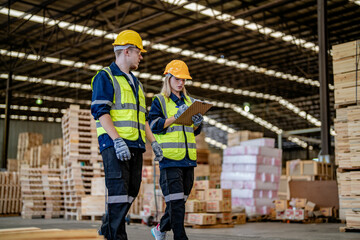 workers man and woman engineering walking and inspecting timbers wood in warehouse. Concept of smart industry worker operating. Wood factories produce wood palate.