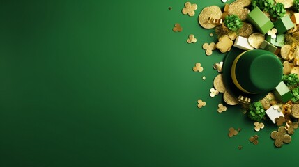 Whimsical Saint Patrick's Day Celebration: Leprechaun Hat, Gold Coins, and Clovers on Isolated Green Background – Festive Irish Holiday Concept with Copyspace