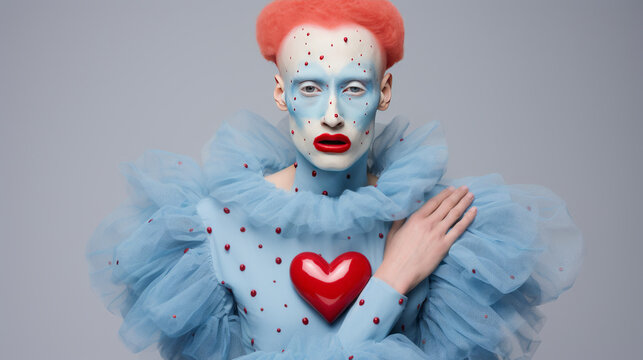 An emotionless man with a red clown wig, white theatrical makeup, purple dots all over his face and dress, and a big red heart. Unusual valentine, clownpunk