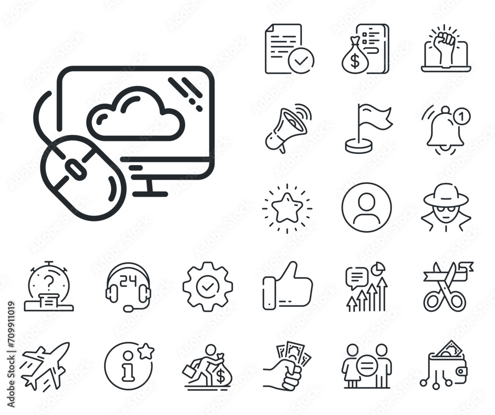 Poster internet data storage sign. salaryman, gender equality and alert bell outline icons. cloud computing