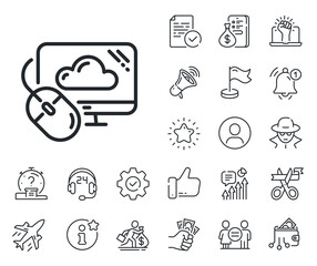 Internet data storage sign. Salaryman, gender equality and alert bell outline icons. Cloud computing line icon. File hosting technology symbol. Cloud computing line sign. Vector
