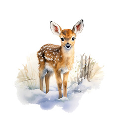 Rehkitz im Schnee Aquarell Kunst Bild Sanftes Wildtier Winterlandschaft Handgemalt Tierbaby Illustration Leinwanddruck Natur Wandbild Geschenkidee Waldtier