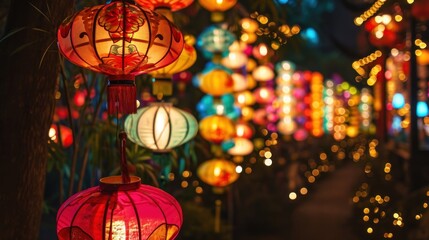 alley in the park decorated with colorful paper lanterns, for Chinese New Year, banner