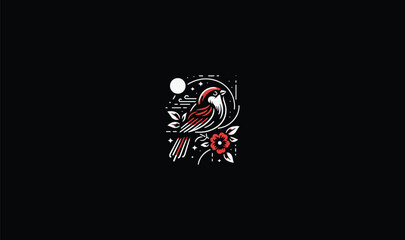 red and white sparrow, sparrow logo, sparrow design, sparrow art logo design, moon flower leaf