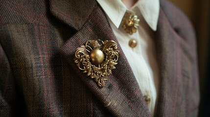 Vintage brooch pinned to a classic tweed jacket