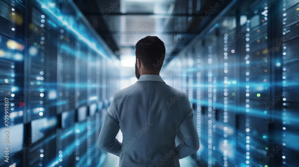 Poster back view of male engineer, head of technology, standing in a large data center. high-speed data tra