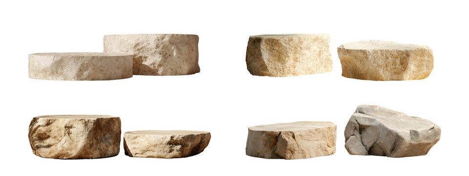 Collection set of stone podium for display product isolated on transparent