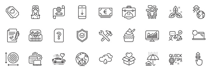 Icons pack as Spanner tool, Cogwheel blueprint and Love ticket line icons for app include Fraud, Donation, Oculist doctor outline thin icon web set. Lawyer, Construction toolbox. Vector