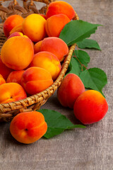 Apricots with leaves on  old wooden table