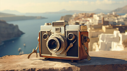 Vintage Camera on the Shores of Santorini