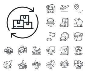 Package location sign. Plane, supply chain and place location outline icons. Delivery change line icon. Tracking parcel symbol. Delivery change line sign. Taxi transport, rent a bike icon. Vector