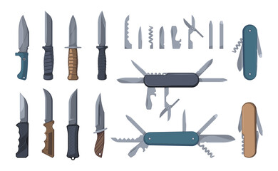 Knives and multitools. Army pliers with rubber grip survival kit, cartoon worker tool for opening bottles, screwing, cutting, trimming. Vector set of blade tool knife illustration