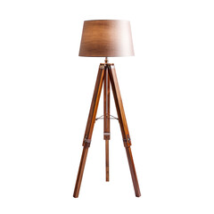 front view of Wooden Tripod floor lamp isolated on a white transparent background.