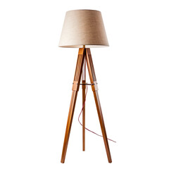 front view of Wooden Tripod floor lamp isolated on a white transparent background.