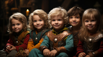 Children Sitting on Green Carpet Wearing super heroes Different Costumes 
