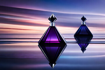 purple  diamond shaped perfume container , minimaliste cosmetics presentation - obrazy, fototapety, plakaty