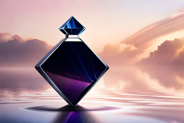 purple  diamond shaped perfume container , minimaliste cosmetics presentation - obrazy, fototapety, plakaty