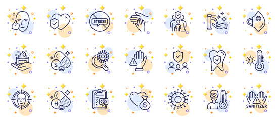 Outline set of Healthy face, Skin care and Family insurance line icons for web app. Include People insurance, Weather thermometer, Coronavirus pictogram icons. Dont touch, Stop stress. Vector