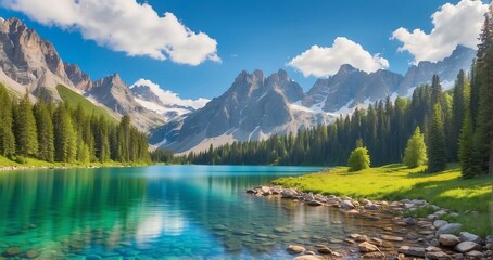 An alpine lake nestled amidst a lush forest, with crystal-clear waters reflecting towering peaks, vibrant greenery, and an array of trees lining the shore - Generative AI