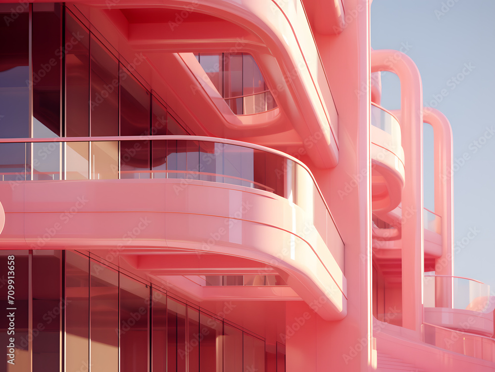 Wall mural 3d render of a modern minimal building in pink and violet colors.