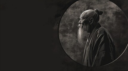 Round-framed Illustration of Laozi on Dark Canvas with Space for Quotes or Text - obrazy, fototapety, plakaty