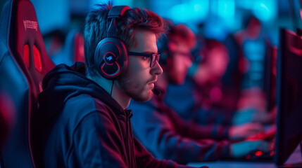A focused male gamer is immersed in an esports tournament, showcasing determination and skill in a vibrant gaming arena.