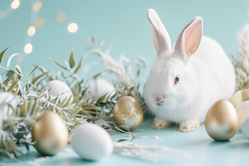 Naklejka na ściany i meble User Easter white rabbit with easter pastel eggs 