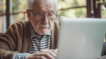 Obraz premium Generative AI, Senior man working with a laptop computer at the table, wearing glasses, learning to use a computer
