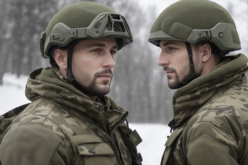 Two soldiers in camouflage military uniform talking, winter. Generative AI