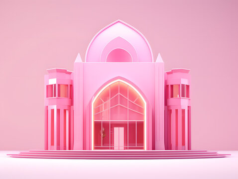 3D render of a modern minimal building in pink and violet colors.
