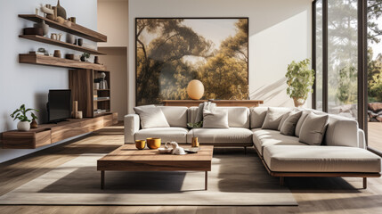 Modern bright interiors apartment Living room with sofa, coffee table and large bay window. 3D render
