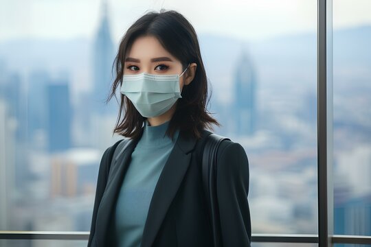Young Chinese woman wearing a white health care mask in his face, big city backdrop. Generative AI.
