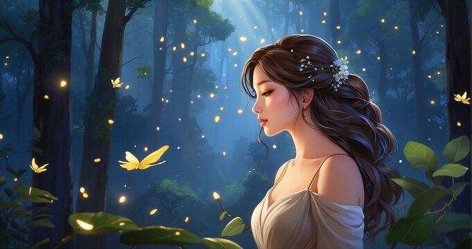 A serene woodland alive with a serenade of elegant fireflies, their gentle glow enhancing the refined beauty - Generative AI