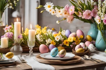 easter still life with eggs and flowers