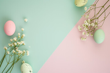 Pastel mint and pink easter eggs on a pastel background , easter banner 
