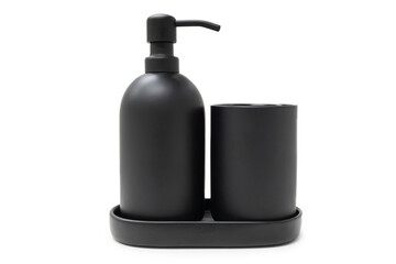 Black Bath accessories isolated on white background with Clipping Path. Soap dispenser and other accessories for personal hygiene. Decor for bathroom interior.