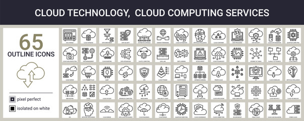 Cloud technology icon set in outline style - obrazy, fototapety, plakaty