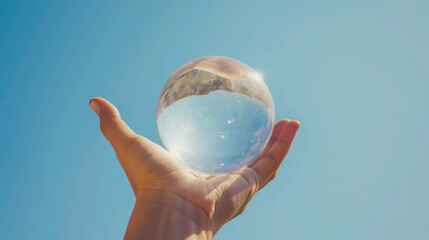 Hand holding a crystal ball under blue sky.