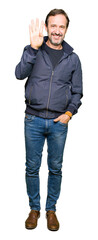 Obraz premium Middle age handsome man wearing a jacket showing and pointing up with fingers number four while smiling confident and happy.