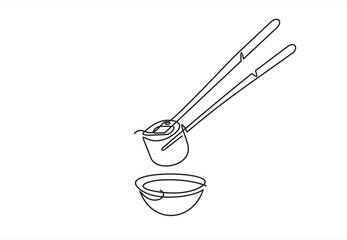 One line Drawing or illustration of chopsticks holding a piece of sushi