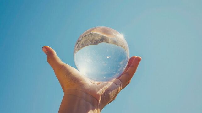 Hand holding a crystal ball under blue sky.