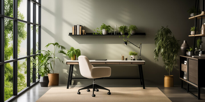 Elegant home office with lush greenery and dramatic natural light