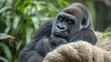 Obraz premium Thoughtful gorilla resting in a natural habitat.