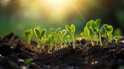 Young green sprouts emerging from fertile soil at dawn with dew drops