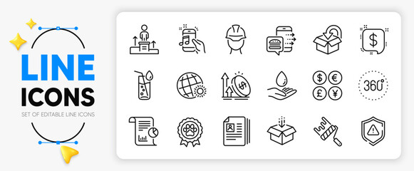 World weather, Money currency and Foreman line icons set for app include Get box, Business podium, Attention outline thin icon. Paint roller, Payment message, Music phone pictogram icon. Vector