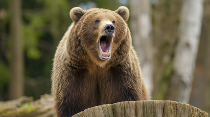 Obraz premium Bear roaring on a log in the forest.