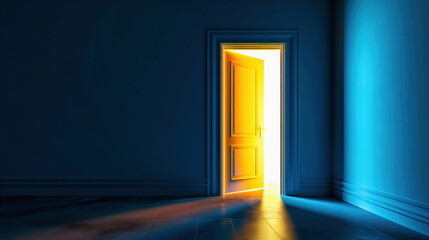 Bright yellow door in an empty blue room with light coming out